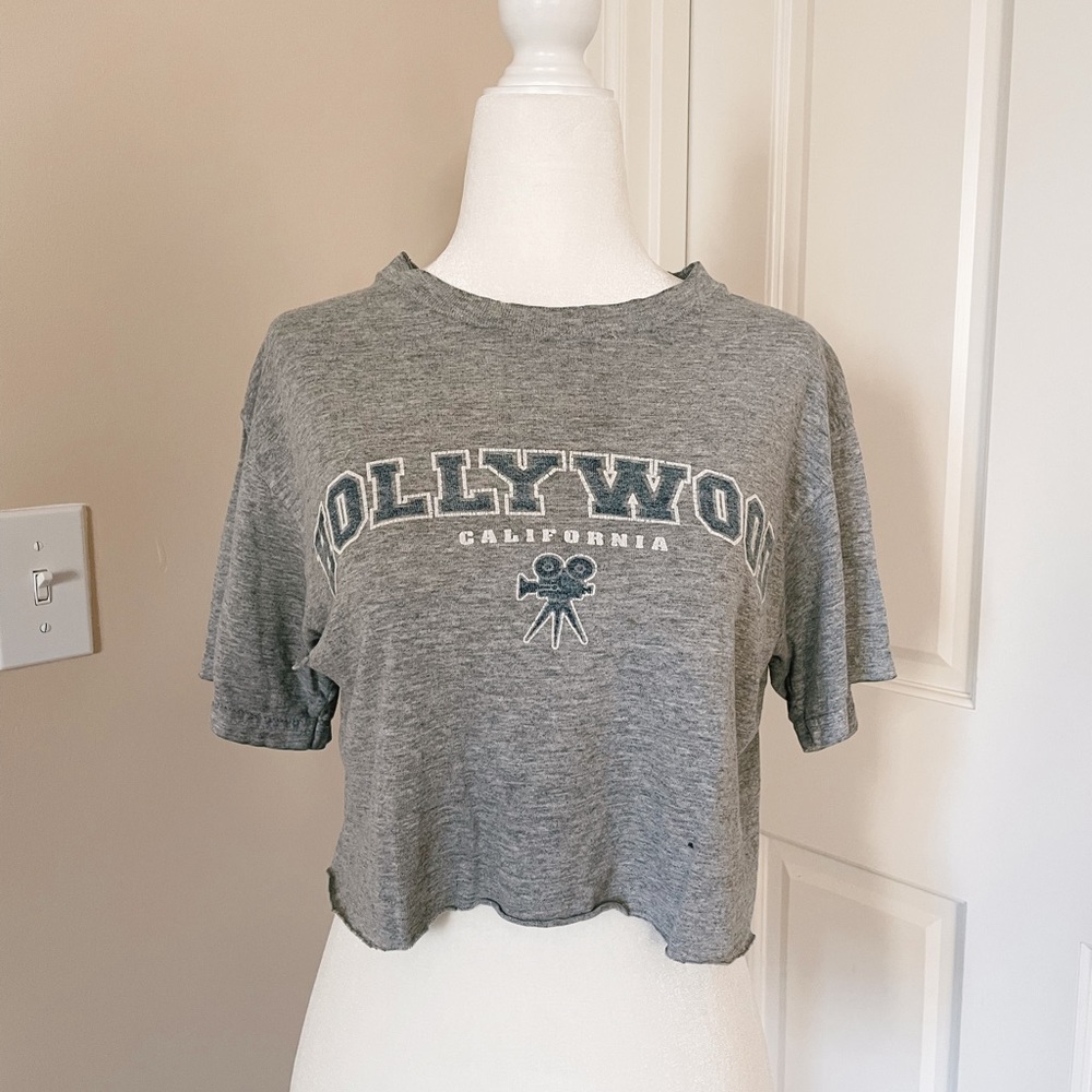 Vintage Hollywood CA Distressed Cropped Streetwear Grey Tee T Shirt Sz XS-S